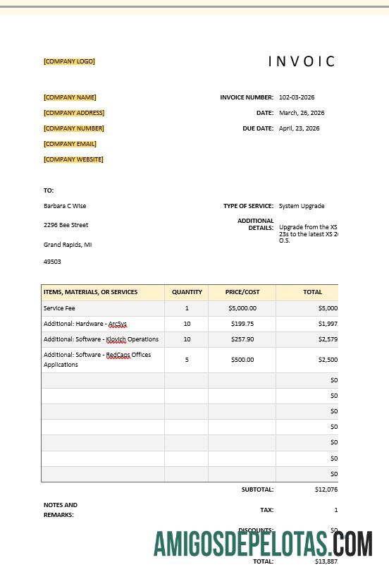 para download Modelo básico de fatura de TI
